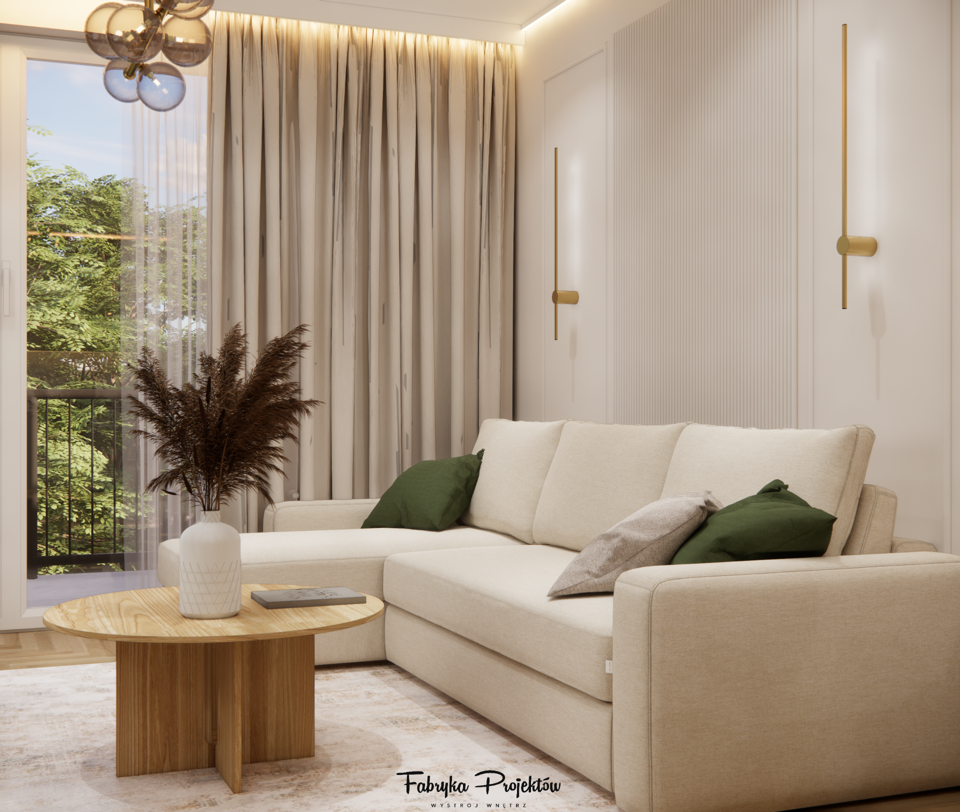 Beżowa sofa narożna z zielonymi poduszkami i drewnianym stolikiem, przy zasłonach i złotych kinkietach.